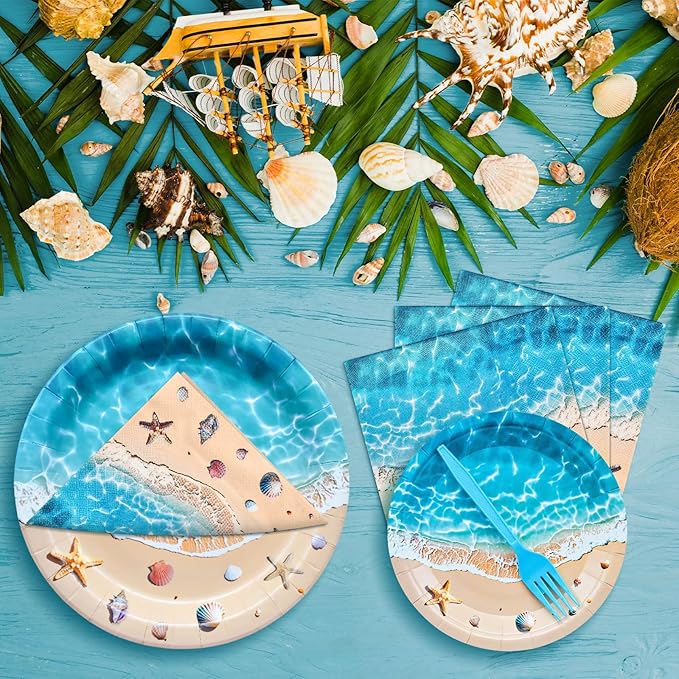 100 Pieces Beach Party Tableware Set – Ocean Wave Disposable Plates, Napkins and Forks, Seashell Starfish Summer Pool Party Supplies for Birthday, Beach Theme and Tropical Decorations