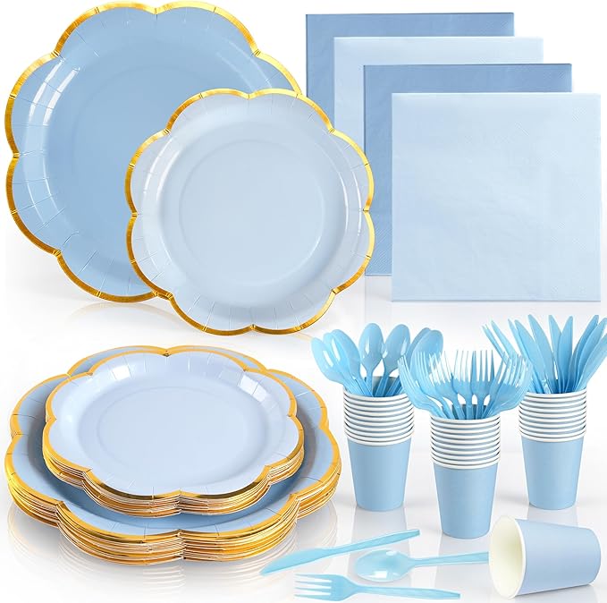 168Pcs Blue Paper Plates and Napkins Party Supplies, Scalloped Party Plates Cups Napkins Set, Light Blue Disposable Plates with Gold Rim for Graduation Party Birthday Baby Shower Gender Reveal Picnic