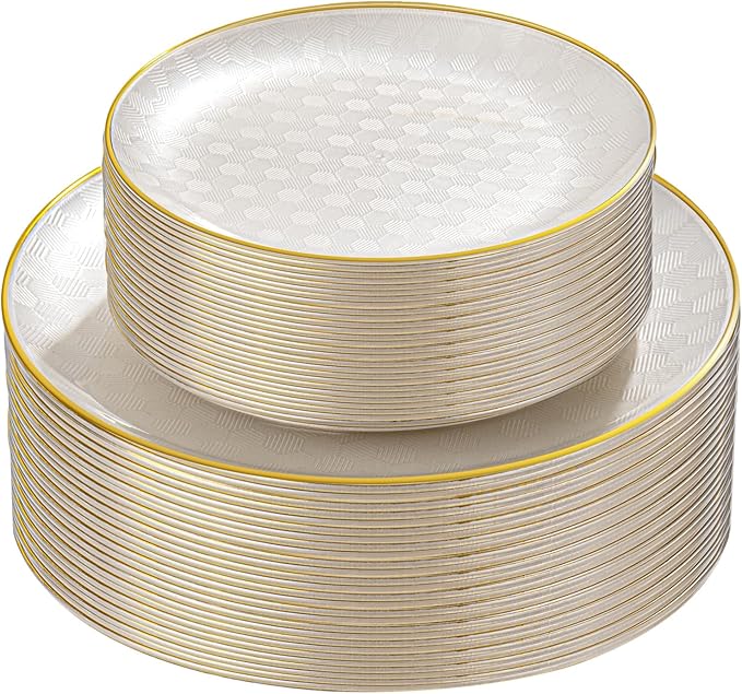 Festiva 60PCS Clear Ivory Plastic Plates with Gold Rim - Heavy Duty Fancy Disposable Plates - Serve for 30 Guests Include 30PCS 10.25" & 30PCS 7.5" Honeycomb Design Plates for Bee Party