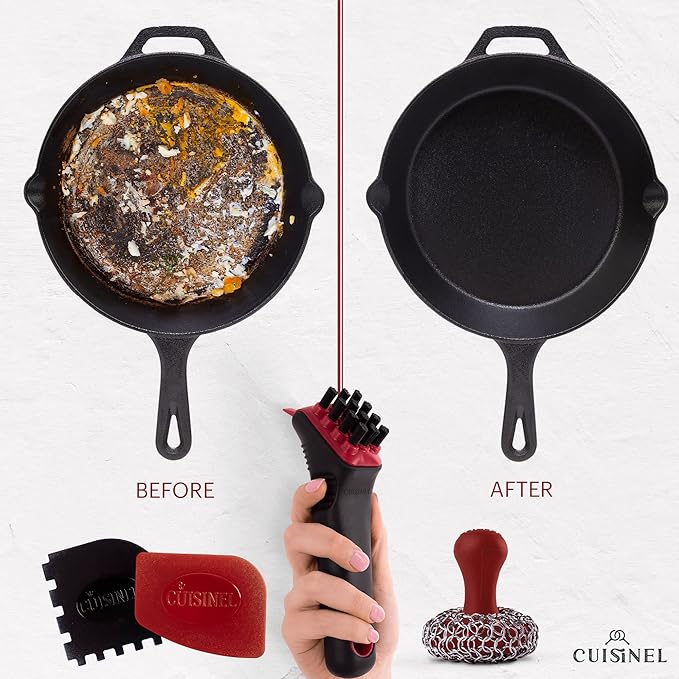 Cuisinel Cast Iron Chain Mail Scrubber + Cleaning Brush + Pan & Grill Scrapers - The Ultimate Skillet and Grill Cleaner Kit - Soft-Touch Confident-Grip Dish Scrub Tool - Silicone/Stainless Accessories