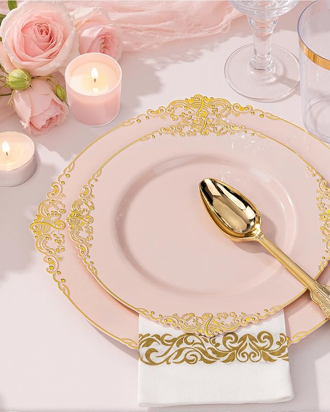 Nervure 350PCS Pink Plastic Plates - Pink Plastic Dinnerware Sets for 50 Guests - 100 Disposable Plates, 150 Gold Silverware, 50 Cups, 50 Napkins Perfect for Wedding & Party