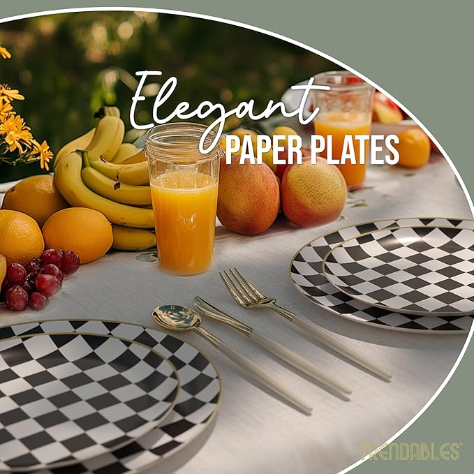 Trendables Checkered Paper Plates with Gold Rim | 80 Pcs Black And White Checkered Plates For Party - 40 x 8 & 40 x 10 | Race Car Party Decorations