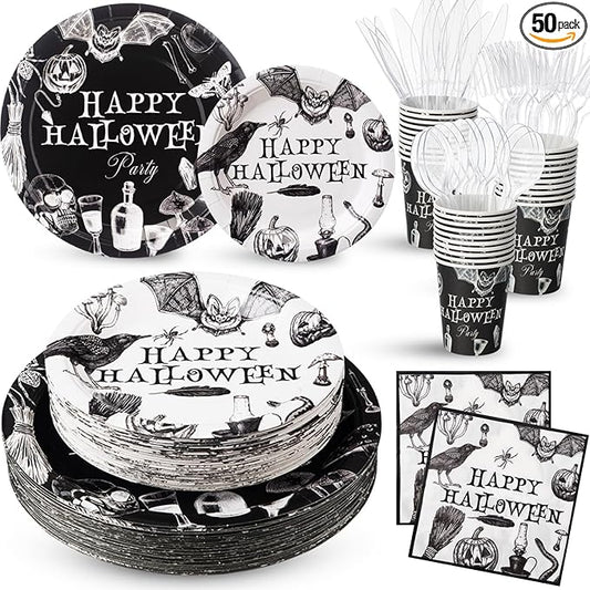 FillTouch 350 Pcs Happy Halloween Party Favor Vintage Halloween Decoration Disposable Tableware for 50 Guests 100 Pumpkin Skull Plates 50 Crows Bats Napkins 50 Cups 50 Sets Knives Fork Spoon