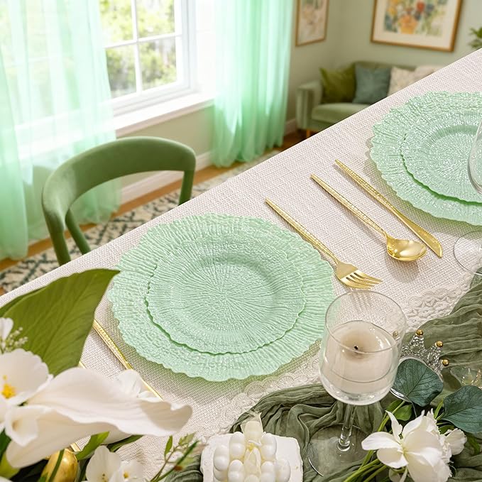 DaYammi 60 PCS Green Plastic Plates,Reef Plate Disposable & Reusable-Heavy Duty Plastic Plates for Party Including 30 Dinner Plate, 30 Dessert Plate,Green Disposable plates for Dinner Parties