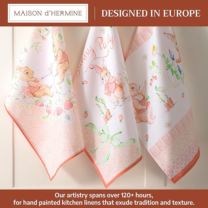 Maison d' Hermine Kitchen Towels Set of 3 100% Cotton 27.50" x 20" Reusable Cloth Tea Dish Towels Absorbent with Hanging Loop for Kitchen Farmhouse Hotel Spring Summer - Bunny Party