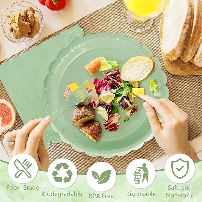 Mulbozy 75 Sage Green Plates and Napkins Disposable Set Includes 25 Dessert Cake Scalloped Plates, Cocktail Napkins & Forks, for Fork 25 Guests Holiday Party Supplies.