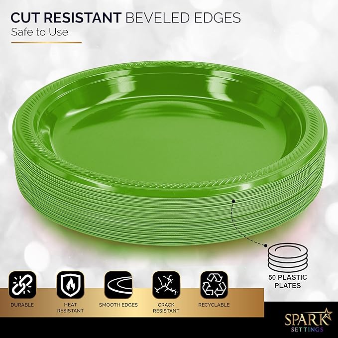 Amcrate Disposable Plastic Plates Kiwi, 10.4 Inches Dinner Plates, Strong and Sturdy for Party, Holiday, Picnic, or Travel - Pack of 50