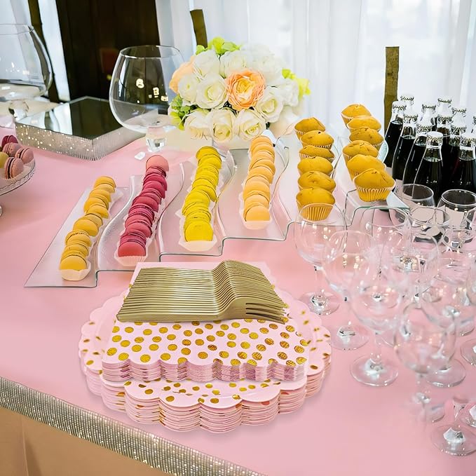 Pink and Gold Paper Plates and Napkins,7 Inch Pink and Gold Scalloped Disposable Dessert Plates Paper Napkin Fork Party Supplies for Wedding Baby Shower Birthday(25 Guest)