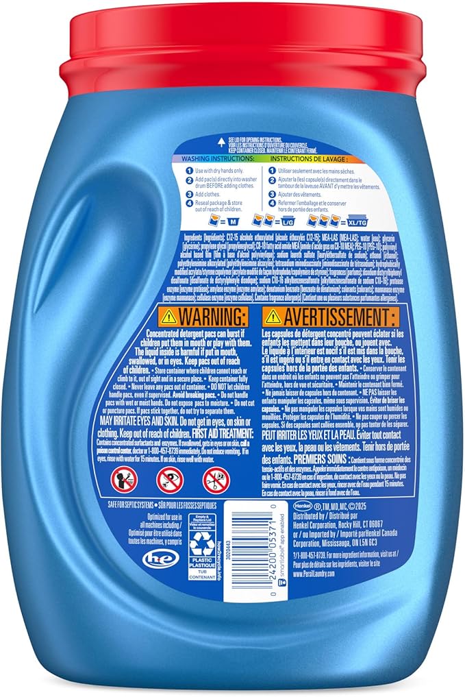 Persil Ultra Pacs Advanced Clean Oxi+Odor Power Laundry Detergent, 57 Count, No Mess, Single-Dose Laundry Soap, Fights Tough Stains & Odors, All Water Temperatures, HE Safe