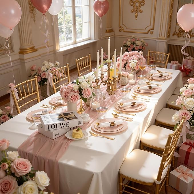 Liacere 350PCS Pink Plates Disposable-PinK Plates 50guest Baroque Plastic Dinnerware include 100Plates, 50Pack Pre Rolled Napkins with Silverware 50Cups Perfect for Wedding & Party
