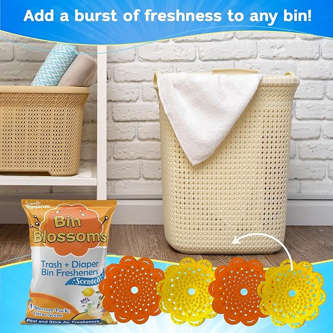 Bin Blossoms: New & Improved Peel & Stick Air Freshener (4-Pack) – Citrus Fresh Trash Can Deodorizer, Diaper Pail Odor Neutralizer, Garbage Bin Odor Control for Lid or Base