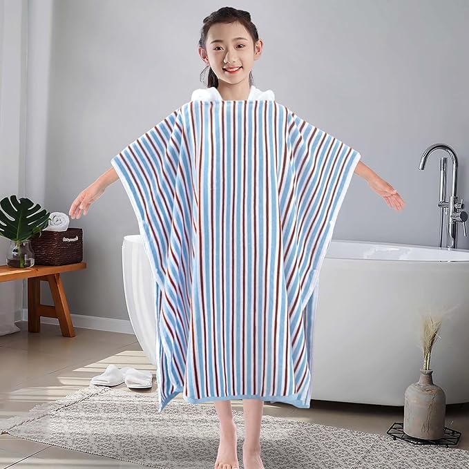 VOOVA & MOVAS Hooded Poncho Towel for Teens Unisex 100% Cotton Classic Nautical Beach Swim Bath Cover Up Red Blue Stripe