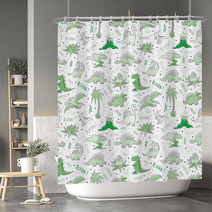 Baocicoo Cute Cartoon Dinosaur Shower Curtain Sets Green Animals Plants Bath Curtain for Boys Girls Bathroom Decorations Polyester Fabric Waterproof Curtains for Bathroom with Hooks 72x78 Inches