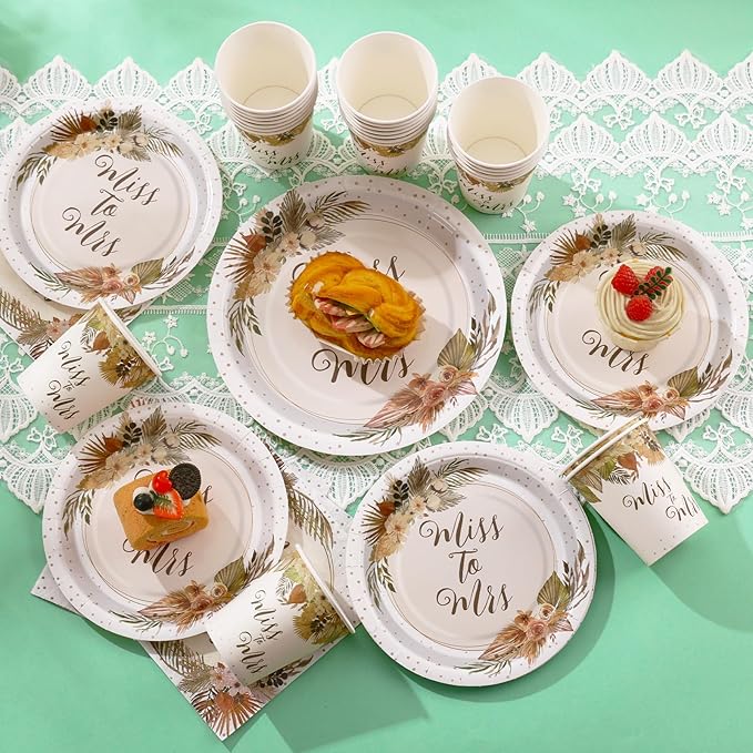 Boho Bridal Shower Decorations, 168Pcs Bridal Shower Plates and Napkins Sets Serve 24, Miss to Mrs, Love is In Bloom, Love is Brewing, Bride To Be, Bachelorette, Fall in Love Wedding Shower