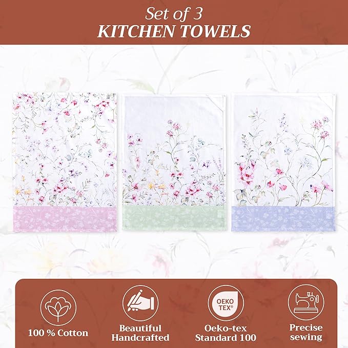 Maison d' Hermine Kitchen Towels Set of 3 100% Cotton 27.50" x 20" Reusable Cloth Tea Dish Towels Absorbent with Hanging Loop for Kitchen Farmhouse Hotel Spring Summer - Summer Floral