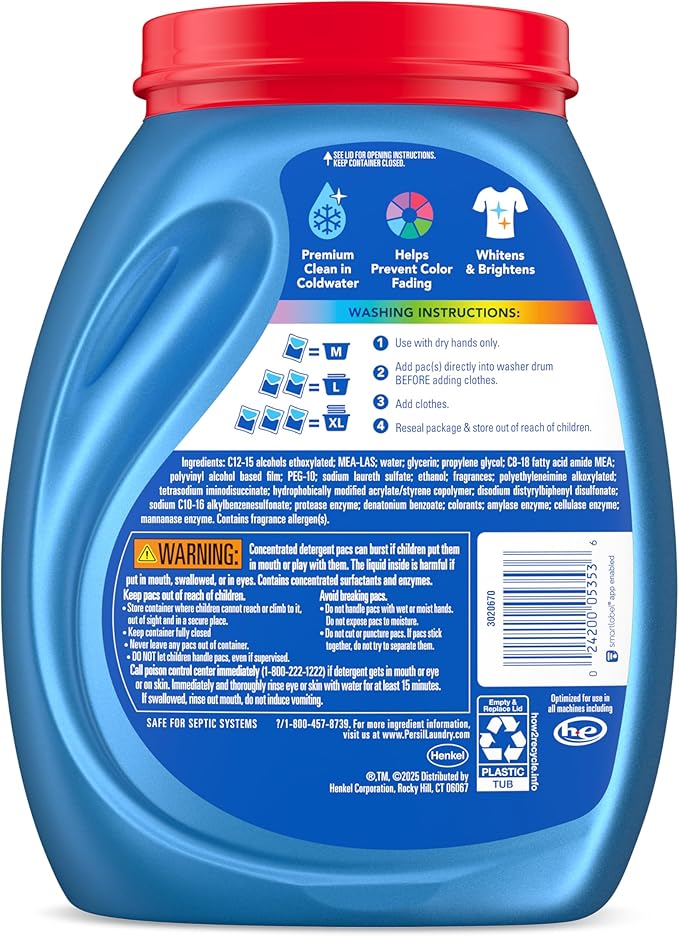 Persil Ultra Pacs Original Everyday Clean Laundry Detergent, 100 Count, No Mess, Single-Dose Laundry Soap, Deep Clean Fabric Care for Colors & Whites, All Water Temperatures, HE Safe