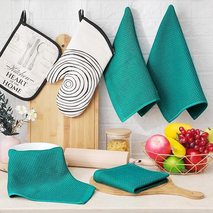 Homaxy 100% Cotton Waffle Weave Kitchen Dish Cloths, Ultra Soft Absorbent Quick Drying Dish Towels, 12 x 12 Inches, 6-Pack, Teal