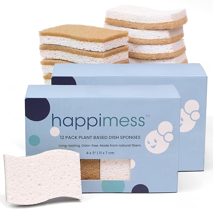 happimess WPE2000A-24SET Natural Plant Based Non-Scratch Sisal Hemp/Cellulose Scrubbing Dish Sponge, Cleaning Sponge for Dishes, Bathroom, Household, Beige/White (Set of 24)