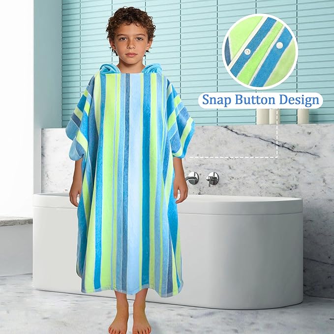 VOOVA & MOVAS Hooded Poncho Towel for Teens Unisex 100% Cotton Bright Colorful Beach Surfing Bath Cover Up Blue Yellow Stripe