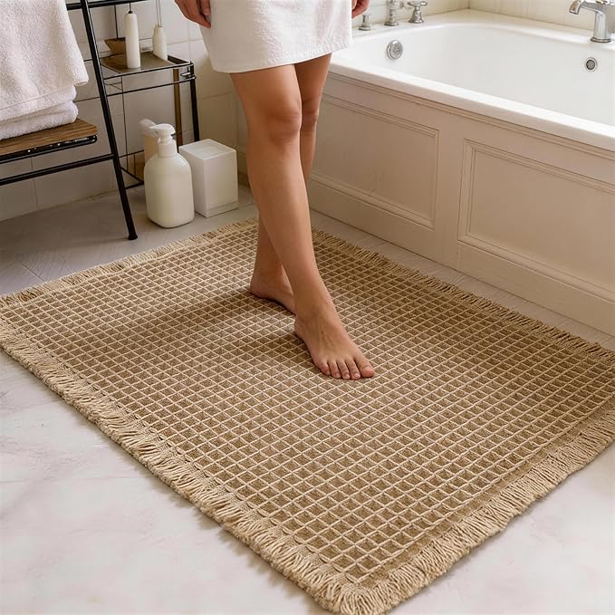 Set of 2 Waffle Bathroom Rugs, Non Slip Absorbent Waffle Knit Bath Mat for Shower Floor, Tub and Bathroom Door, Ultra Soft Quick Dry, Brown, 17"x24"+18"x30"