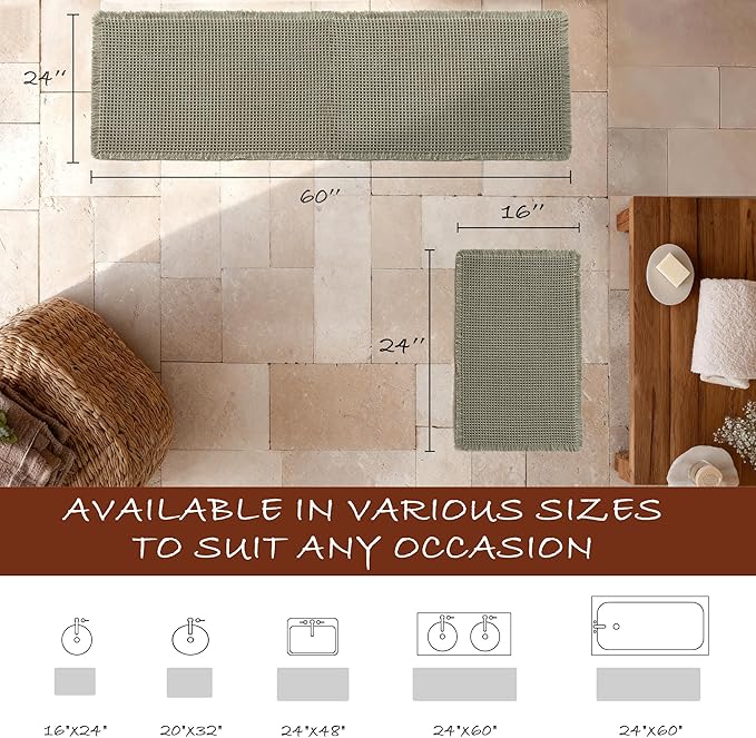 DWCN Set of 2 Waffle Bathroom Mats, Non Slip Bath Rug Set for Bathroom Floor, Super Absorbent Shower Mats for Tub, Washable Kitchen Rugs for Farmhouse Style, 16" x 24" Plus 24" x 60", Olive Green