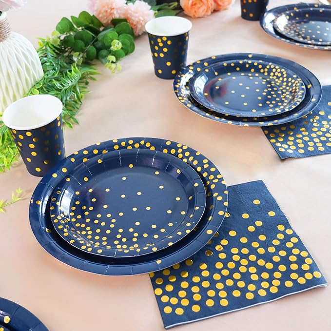 168Pcs Navy Blue Plates and Napkins Party Supplies, Blue Paper Plates Serve 24, blue and Gold Party Decorations, for Birthday, Fathers Day, Graduation, 4th of July