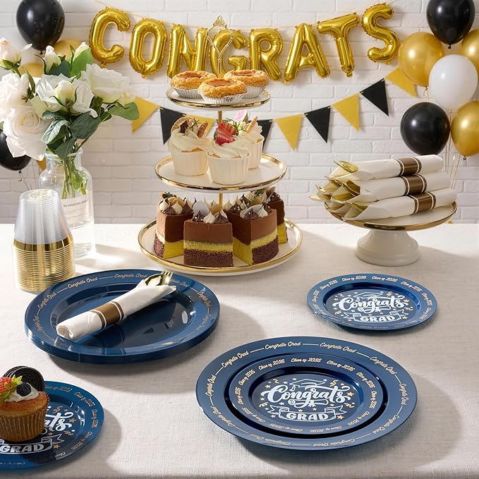 Goodluck 350 Piece Graduation Navy Blue Plastic Dinnerware Set for 50 Guests, Congrats Grad Disposable Plates Include: 50 Dinner Plates, 50 Dessert Plates, 50 Cups, 50 Rolled Napkins with Silverware