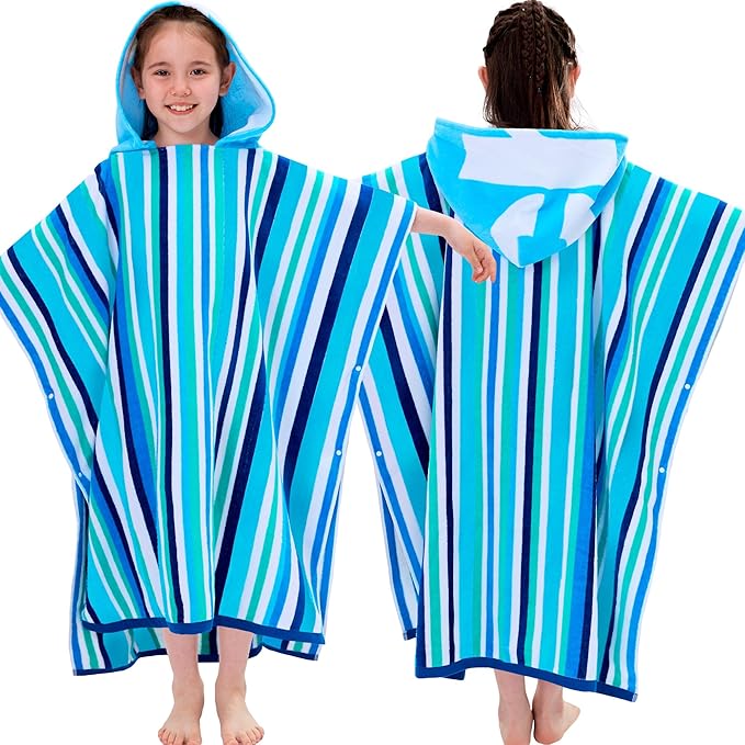 VOOVA & MOVAS Teens Boys Hooded Poncho Towels (8-16Years), 100% Cotton Absorbent Poncho Towel Robe for Kids, Perfect for Pool, Beach, Bath and Gifts, Blue Green Stripe