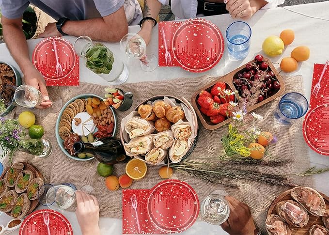 72 Pcs Red Glitter Paper Plates 7in Disposable Paper Dessert Plates Napkins and Forks Party Tableware Set Happy Birthday Table Decorations for 24 Guests Christmas Valentine's Day Red Birthday Party