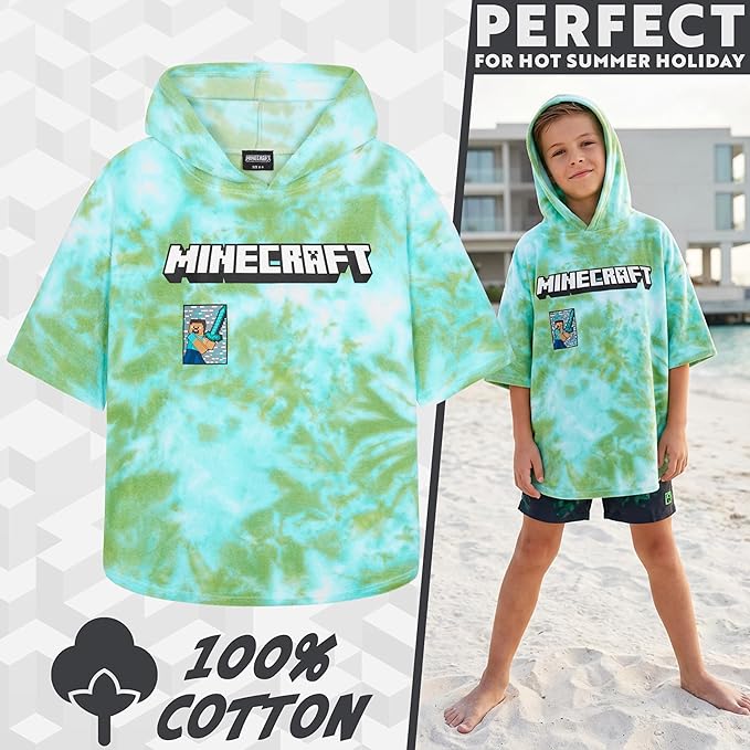 Minecraft Towelling Poncho Kids Teens Hooded Bath Towels Absorbent Beach Towel (Green Tie Dye, 10-13 Years)