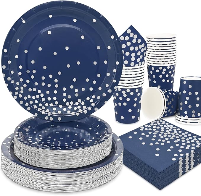 200pcs Blue and Silver Party Deorations Birthday Plates Disposable-Serve 50 Guests,Navy Blue Plates and Napkins Party Supplies for Wedding Anniversary Retirement Graduation Decorations