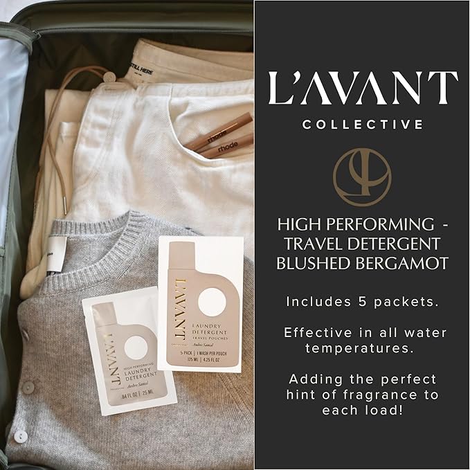 L'AVANT Collective Luxury Travel Laundry Detergent | Ambre Santal | Non-Toxic Concentrated Liquid Laundry Soap Packets | Plant-Based, HE Compatible, Travel Size, Gym, Camping & Rentals | Set of 5