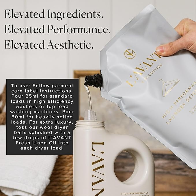 L'AVANT Collective Luxury Laundry Detergent Refill | Eco-Friendly, 75% Less Plastic | Fresh Linen | Natural Non-Toxic Liquid Laundry Soap with Enzymes | Plant-Based, HE Compatible | 32 oz
