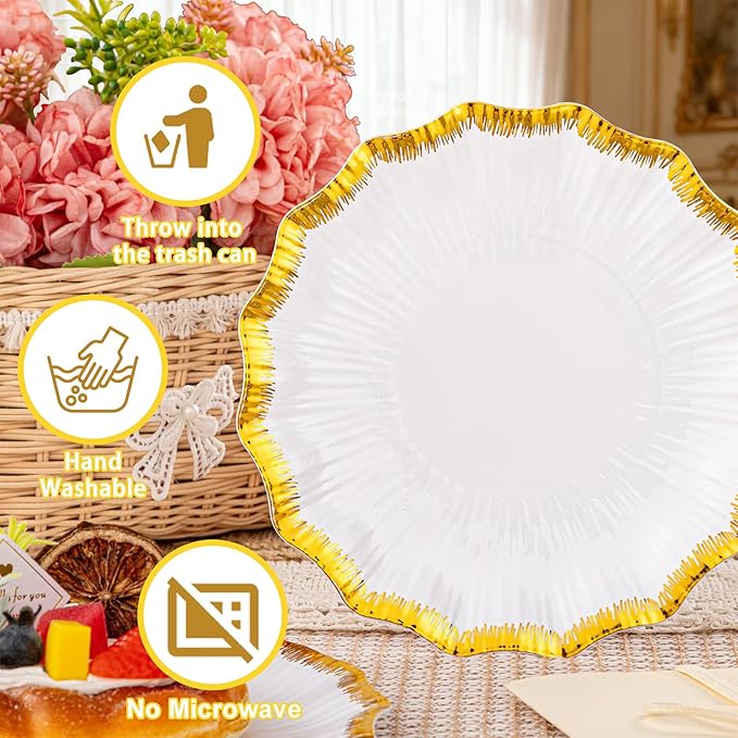 DaYammi 60Pcs White Plastic Plates with Gold Rim,Gold Disposable Plates - Heavy duty Plastic Plates Include 30 Dessert Plate,30 Dinner Plate,White gold Scalloped plates for Party Wedding