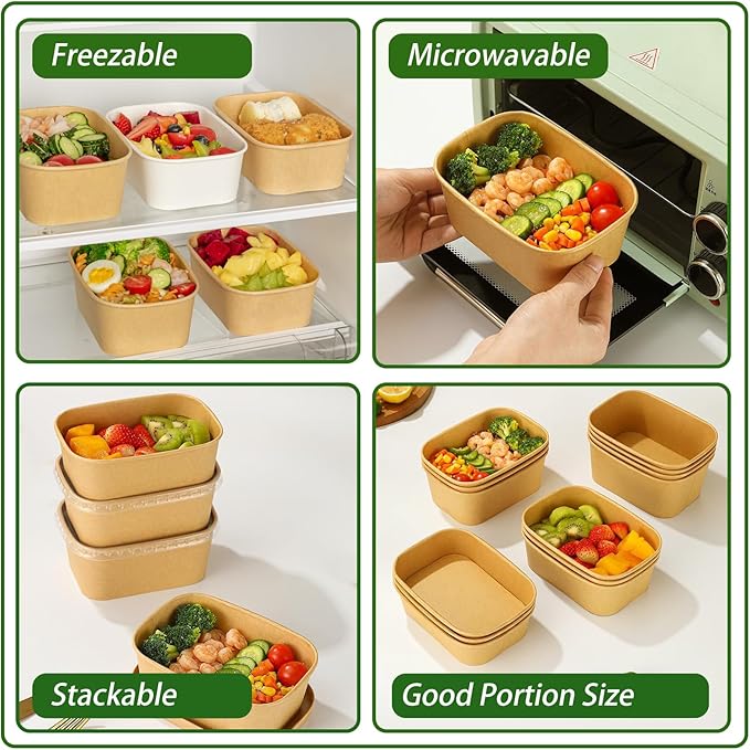 50-Pack 29oz Disposable Kraft Paper Bowls【with Lids and Forks】,Meal Prep Containers Disposable Togo Food Deli Containers for Restaurant Supplies Take Out Containers, Microwave Safe for Hot/Cold Food