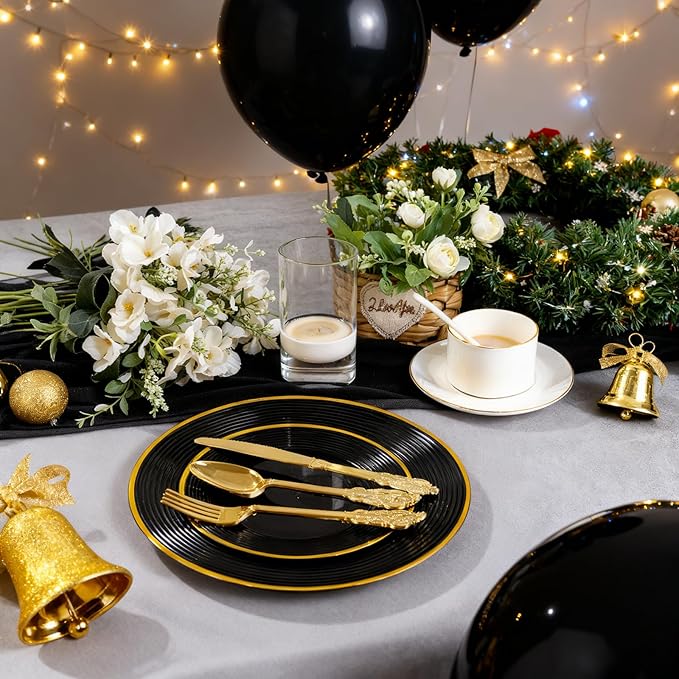 Liacere 100PCS Black Plastic Plates - Heavy Duty Disposable Plates - Black and Gold Plate Include Dinner/Dessert Plate for Wedding & Holiday Party & Birthday & Graduation