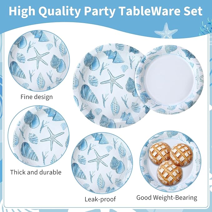Pickmesh 400 Pcs Under The Sea Party Decoration Set, Ocean Seashell Paper Plates and Napkins, Shell Cups and Cutlery Supplies Ocean Themed Birthday Party Tableware, Serve for 50 Guests
