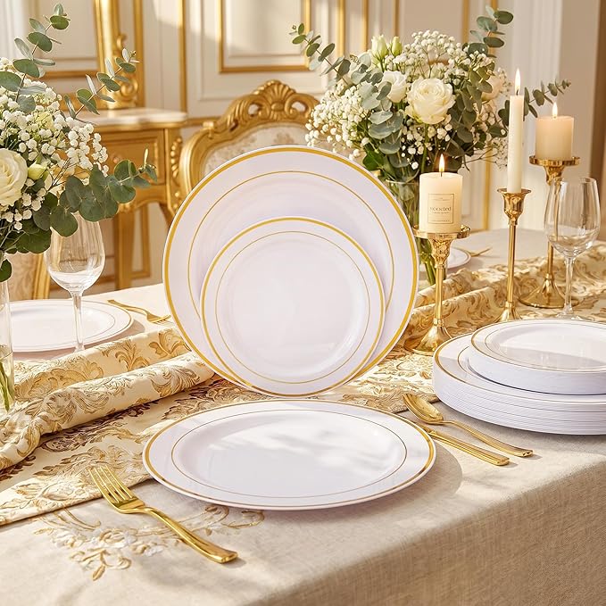 I00000 102 Pieces Gold Plastic Plates, Disposable Party Plates White Gold Rim, 51 Disposable Gold Dinner Plates 10.25 Inch and 51 Disposable Dessert Appetizer Elegant Fancy Wedding Plates 7.5 Inch