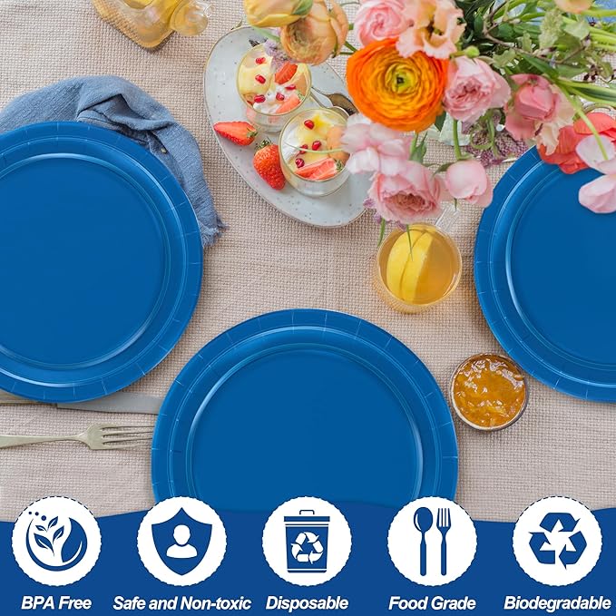 QZYL 50 PCS Disposable Plates, 9 Inches Dark Blue Heavy Duty Round Set for Daily Use, Picnic, Anniversary, Birthday, Passover Party Supplies
