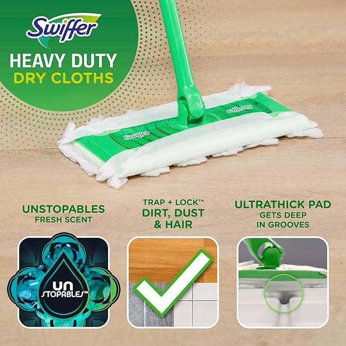 Swiffer Sweeper Heavy Duty Dry Multi-Surface Cloth Refills for Floor Sweeping and Cleaning, Unstopables Fresh Scent, 20 Count