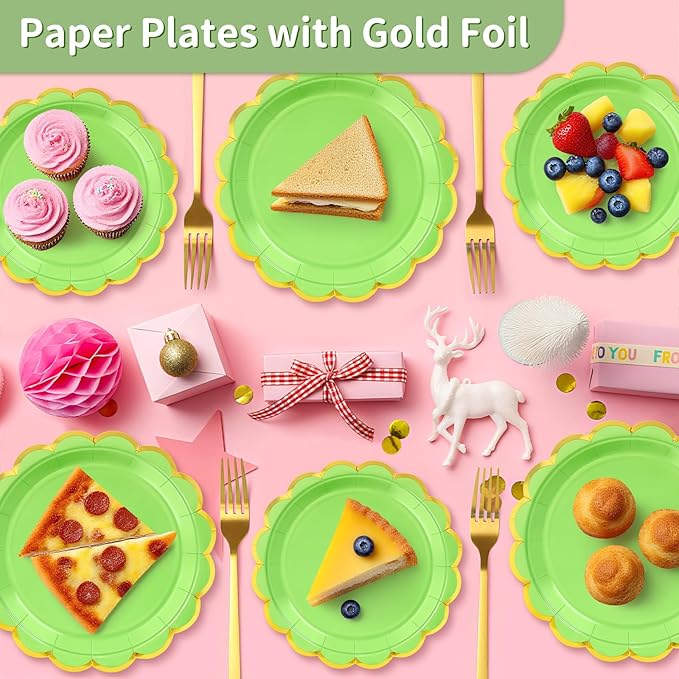 50 Pcs Lime Green Paper Plates, 25 Pcs 9" and 25 Pcs 7" Disposable Christmas Scalloped Plates with Gold Foil for Graduation Wedding Baby Shower Birthday Party Picnic BBQ