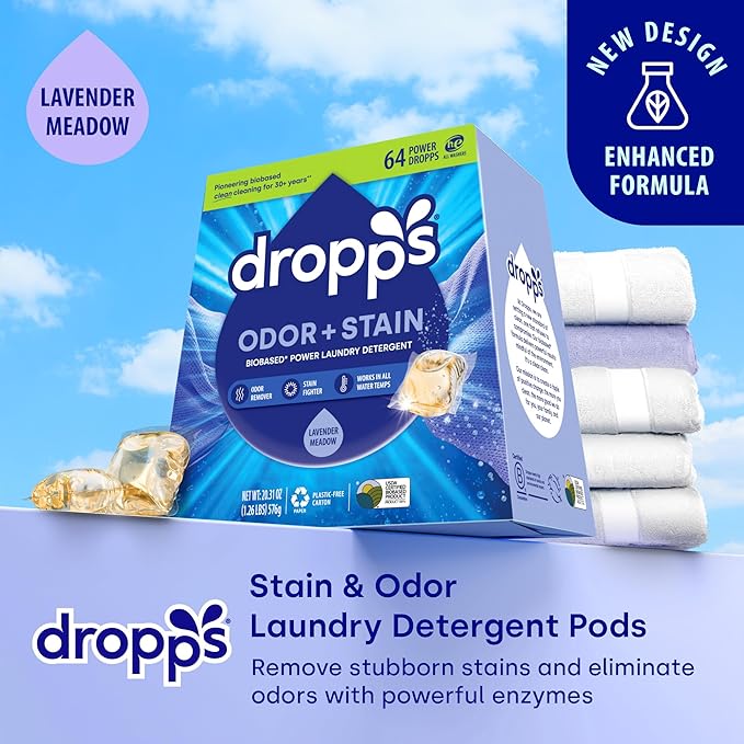 Dropps Odor & Stain Laundry Detergent Pods, Lavender Meadow (64 Count) - Powerful Laundry Pods | Complete Clean Laundry Soap | Fights Odors & Stains | Clean Ingredients | Plastic Free Packaging