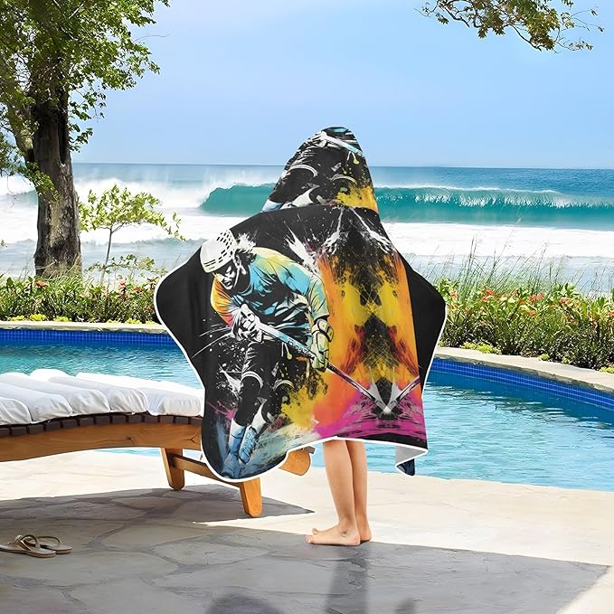 Hooded Towel for Kids Abstract Running Ice Hockey Player Beach Wrap Bath Towels 50x23.5in