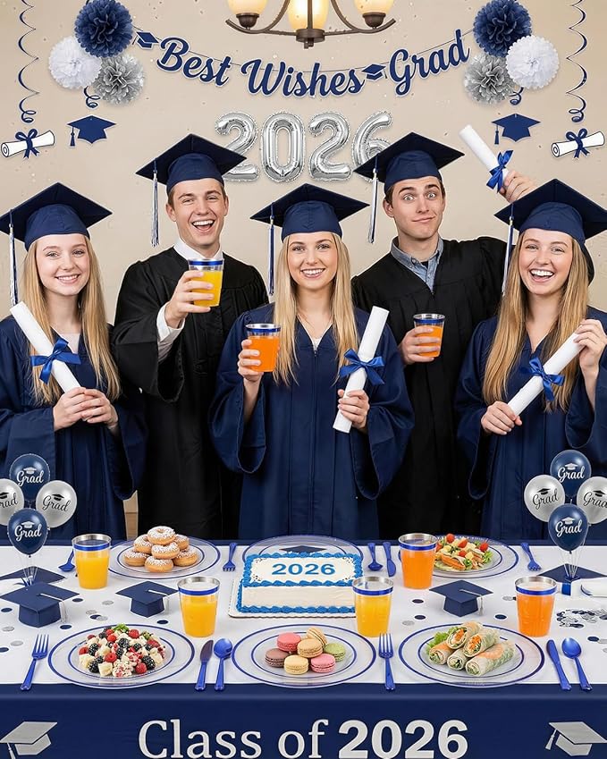 Goodluck 350 Piece Dark Blue Plastic Dinnerware Set for Party, Clear Disposable Plates for 50 Guests, Includes 100Plates, 50 Pre Rolled Napkins with Cutlery Set, 50 Cups, for Graduation, Birthday