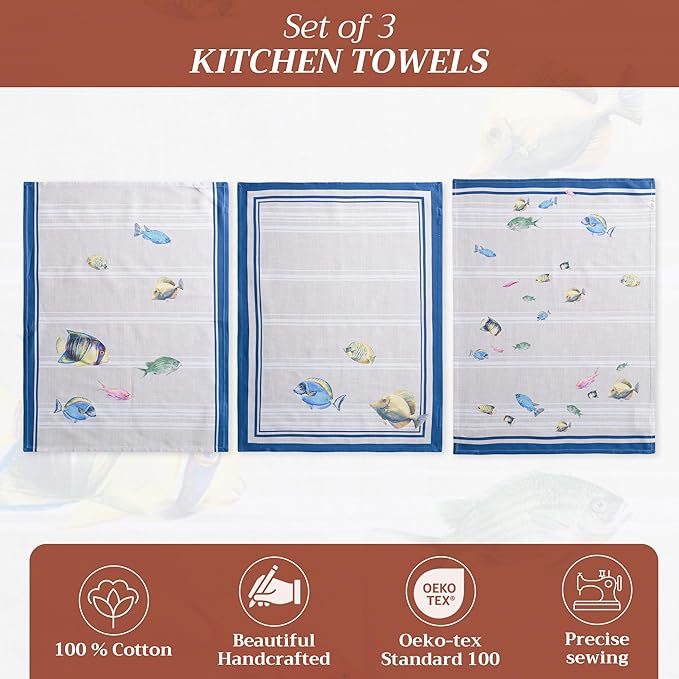 Maison d' Hermine Kitchen Towels Set of 3 100% Cotton 27.50" x 20" Reusable Cloth Tea Dish Towels Absorbent with Hanging Loop for Kitchen Farmhouse Hotel Spring Summer - Poisson