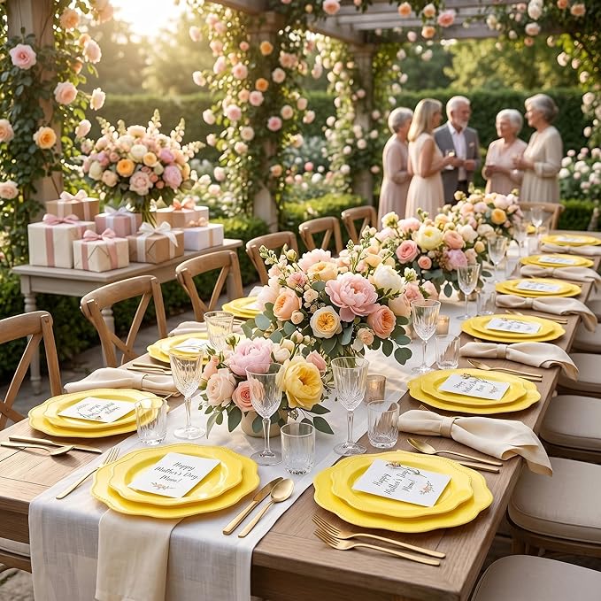 COLOSUS 60Pcs Lemon Yellow Plastic Plates, Mother's Plastic Plates.,Light Baby Yellow Party Plates, Heavy Duty 30 Dinner plate 10.5" and 30 Salad/Dessert Plate 8.25" for Wedding,Party