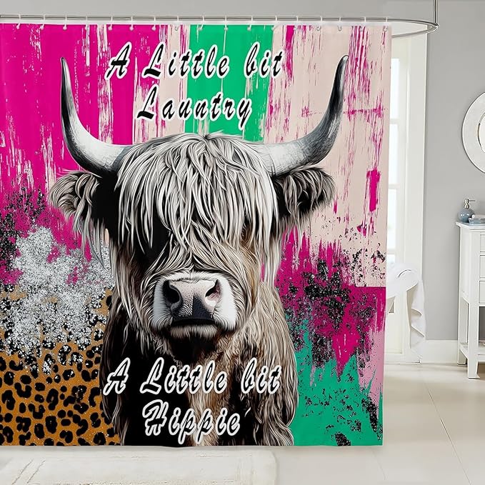 Highland Cow Shower Curtain Cheetah Print Bath Curtain for Boys Teens,Hippie Bull Cattle Waterproof Shower Curtain Wildlife Farmhouse Cow Curtains,Western Funny Animal Toilet Decor 72"Wx84"L