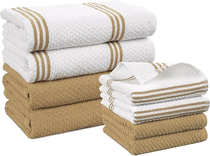 Casa Platino Kitchen Towel Set 8 Pc 4 Dish Towels for Kitchen (16"x26") & 4 Dishcloths (13"x13") - Soft, Absorbent Tea Towels & Quick Drying Dish Rags With Hanging Loops For Drying Cookwares - Beige.