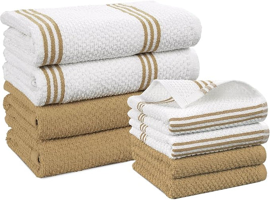 Casa Platino Kitchen Towel Set 8 Pc 4 Dish Towels for Kitchen (16"x26") & 4 Dishcloths (13"x13") - Soft, Absorbent Tea Towels & Quick Drying Dish Rags With Hanging Loops For Drying Cookwares - Beige.