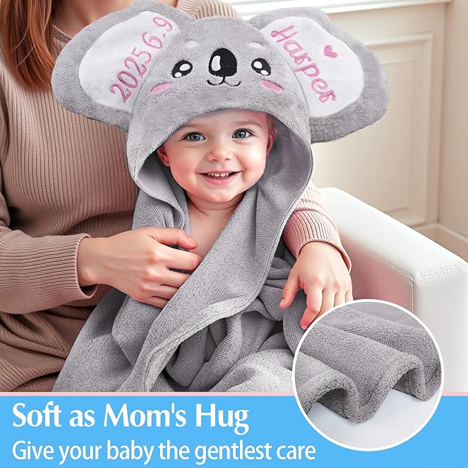 Baosity Custom Hooded Baby Towel with Name, Personalized Soft Absorbent Koala Bath Towel, Shower Towels for Girls Boys, Easter Brithday for Kids Baby, Toddler, Newborn Essential